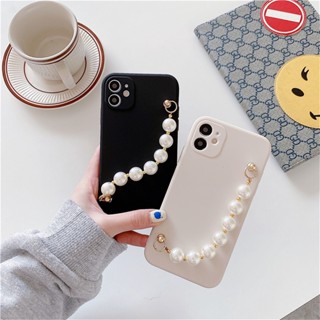 เคสโทรศัพท์มือถือ ซิลิโคนนิ่ม Tpu กันรอยเลนส์กล้อง พร้อมสายคล้อง ประดับมุก สีพื้น สําหรับ Samsung S23 Ultra S 23 Plus Galaxy A54 A34 A14 A04 A13 A33 A23 A53 A73