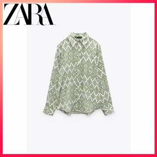 Zara ใหม่ เสื้อเชิ้ต ผ้าซาติน ผ้าไหม พิมพ์ลาย สําหรับผู้หญิง