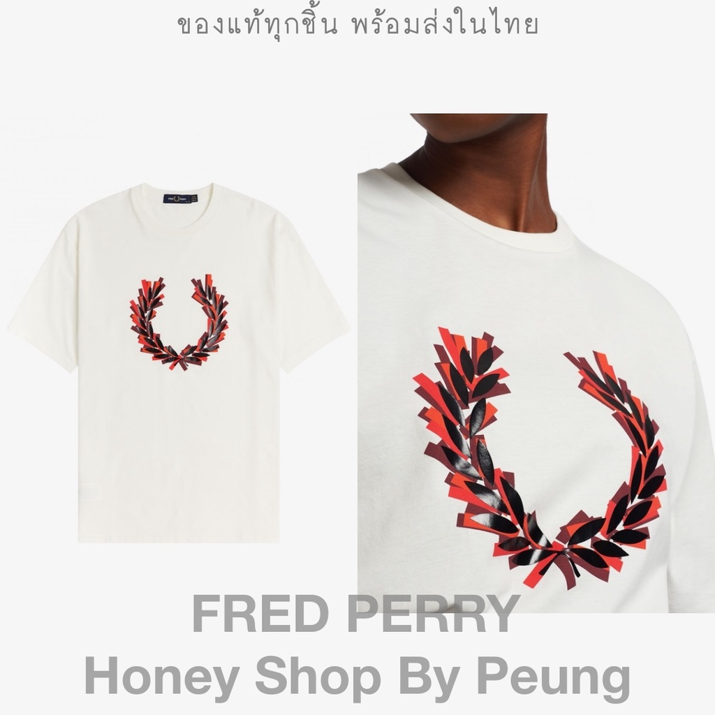 เสื้อยืดครอปเสื้อยืดพิมพ์ลายแฟชั่น💥เพิ่ม 10% ใช้โค้ด 'AUGMET' Fred Perry Women Glitched Laurel Wreath T Shirt Col : Sno