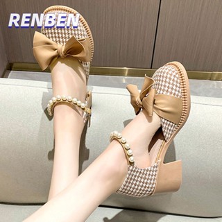 RENBEN Bowknot Thick Heel สีดํารองเท้าหนังขนาดเล็กผู้หญิง New Girls Retro สไตล์อังกฤษอเนกประสงค์เรียบง่าย