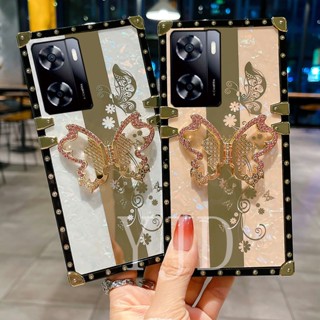 เคสโทรศัพท์มือถือ ขอบตรง กันกระแทก ลายผีเสื้อ ประดับเพชร สําหรับ OPPO A77 A77S A57 A57S A57e