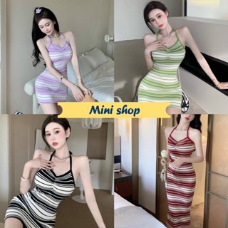 Mini shop🌸พร้อมส่ง🌸 (6A96) ชุดเดรสไหมพรม คล้องคอรัดรูปดีเทลลายทาง -C