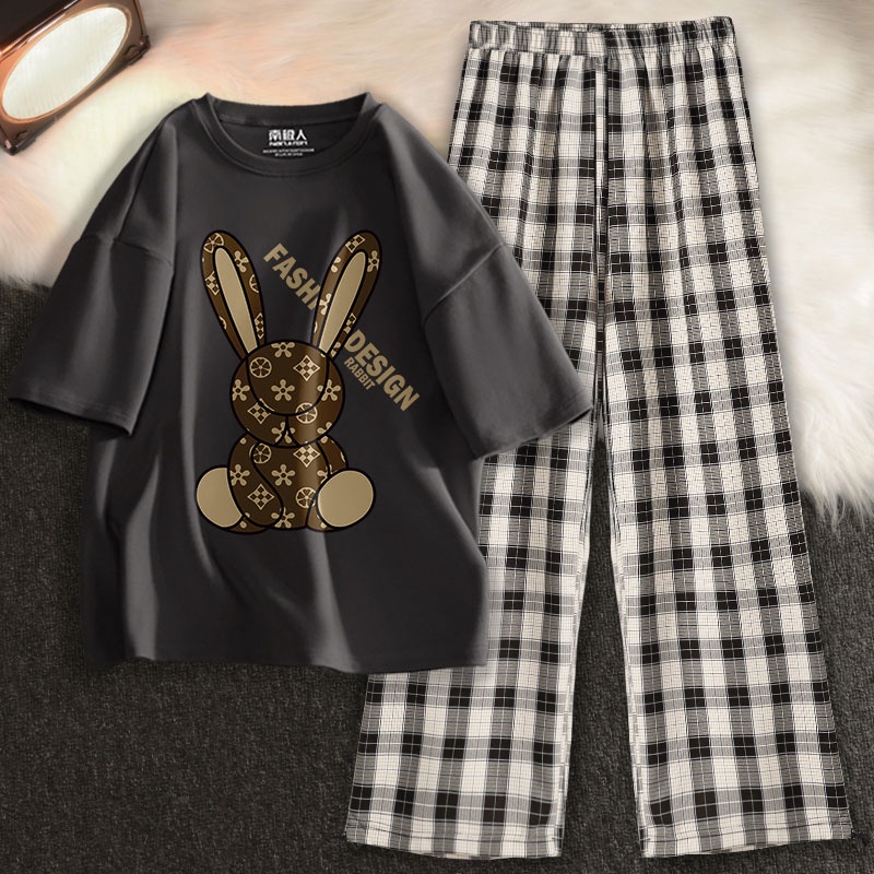 ชุดเซ็ตเสื้อยืดแขนสั้น + กางเกงลายสก๊อต 2 ชิ้น ชุดกีฬาลำลอง สวมใส่สบาย
