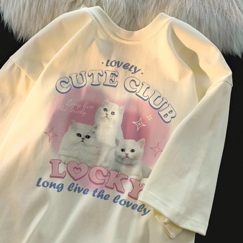 เสื้อแฟชั่นผู้หญิงน่ารัก oversize เสื้อทรงหลวมสไตล์เกาหลี รูปแบบการพิมพ์แมวน่ารัก ใส่สบาย xxxl