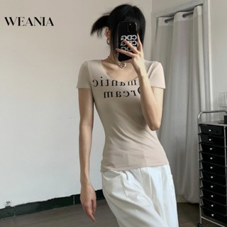 Weania เสื้อยืด คอยู ผ้าฝ้าย พิมพ์ลายตัวอักษร เข้ารูป สําหรับผู้หญิง