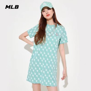Mlb ชุดเดรสกระโปรงสั้น แขนสั้น ผ้าถัก ปักลายโลโก้ เซ็กซี่ สไตล์เกาหลี สําหรับสตรี
