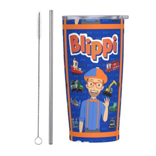 Blippi แก้วกาแฟสเตนเลส พิมพ์ลาย พร้อมฝาปิด และหลอด 20 ออนซ์