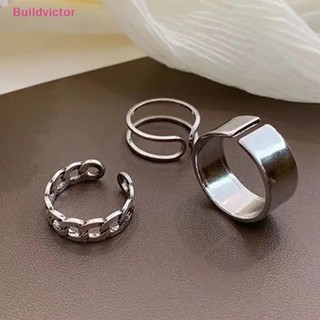 Buildvictor ชุดแหวนสวมนิ้ว สีเงิน ปรับได้ สไตล์ฮิปฮอป โกธิค เครื่องประดับ สําหรับผู้ชาย ผู้หญิง 3 ชิ้น