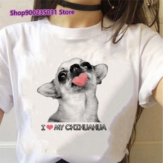 เสื้อยืดแขนสั้น พิมพ์ลายกราฟฟิค I Love My Chihuahua สีขาว สไตล์วินเทจ สําหรับผู้หญิง