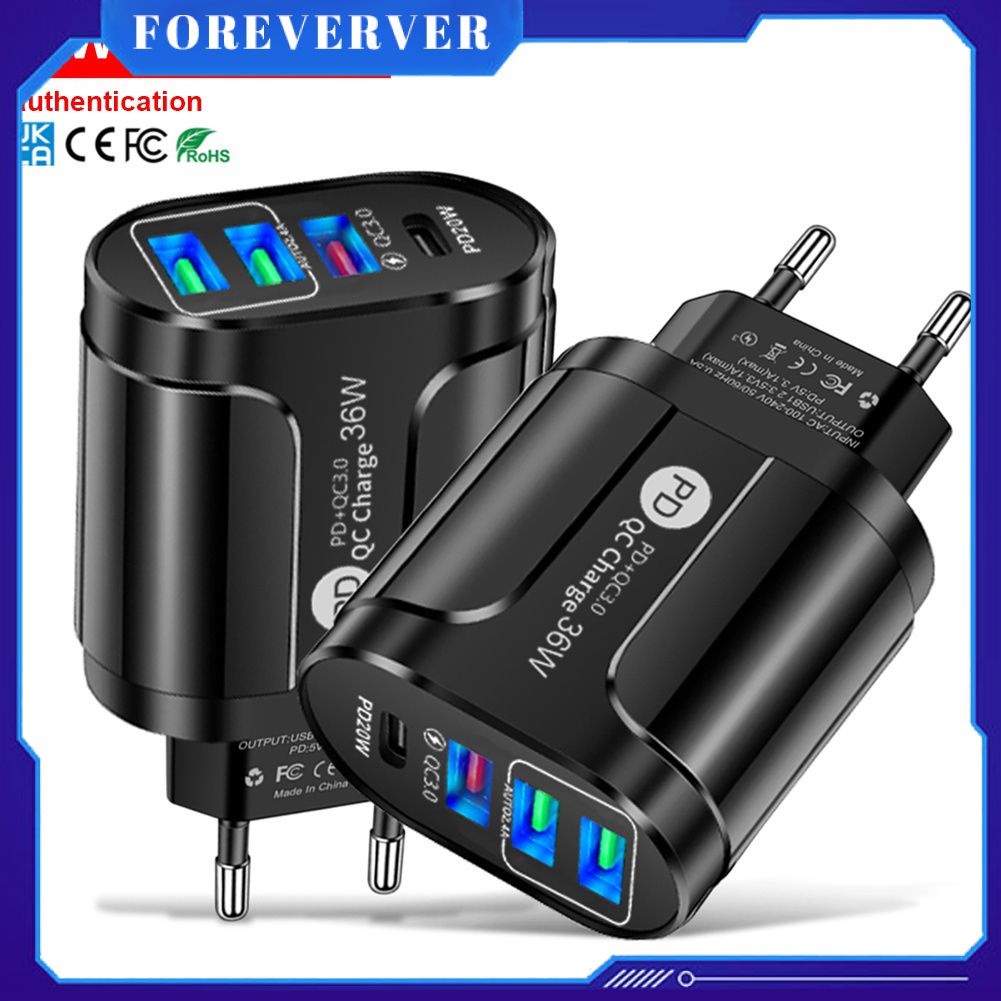 36W Quick Charge 3.0 4 USB Fast Charging Charger PD 20W Wall Watch Charger Adapter Plug สถานีชาร์จ USB 3 พอร์ต หัวชาร์จโทรศัพท์มือถือ fore