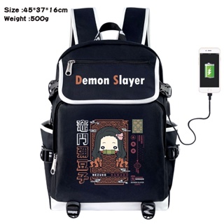 กระเป๋าเป้สะพายหลัง กระเป๋านักเรียน ผ้าแคนวาส ลายการ์ตูน Demon Slayer Kamado Nezuko ชาร์จ USB สีดํา สําหรับเด็กนักเรียน