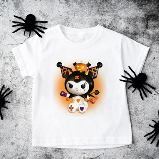 เสื้อยืดลําลอง พิมพ์ลายฮาโลวีน Kuromi สีขาว สําหรับเด็กผู้ชาย ผู้หญิง