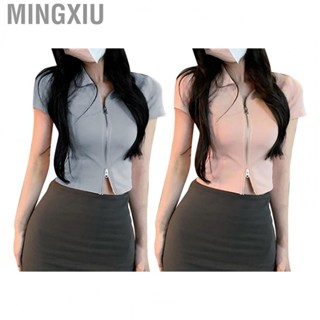 Mingxiu Zipper Front Crop Top  Breathable Comfortable Stylish Turn Down Collar Short Sleeve Shirt Skin Friendly  Fit Soft V Neck for Summer