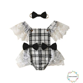 Babyclothes- ชุดจั๊มสูทรอมเปอร์ แขนพอง พิมพ์ลายลูกไม้ ประดับโบว์ เปิดหลัง พร้อมที่คาดผม สําหรับเด็กทารกผู้หญิง