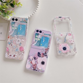 เคสโทรศัพท์มือถือแบบแข็ง ใส ฝาพับ ลายดอกไม้น่ารัก พร้อมช่องใส่บัตร สําหรับ Samsung Galaxy Z Flip 5 4 3 2 1 5G Z Flip3 Flip4 Flip5 Flip2 Flip1