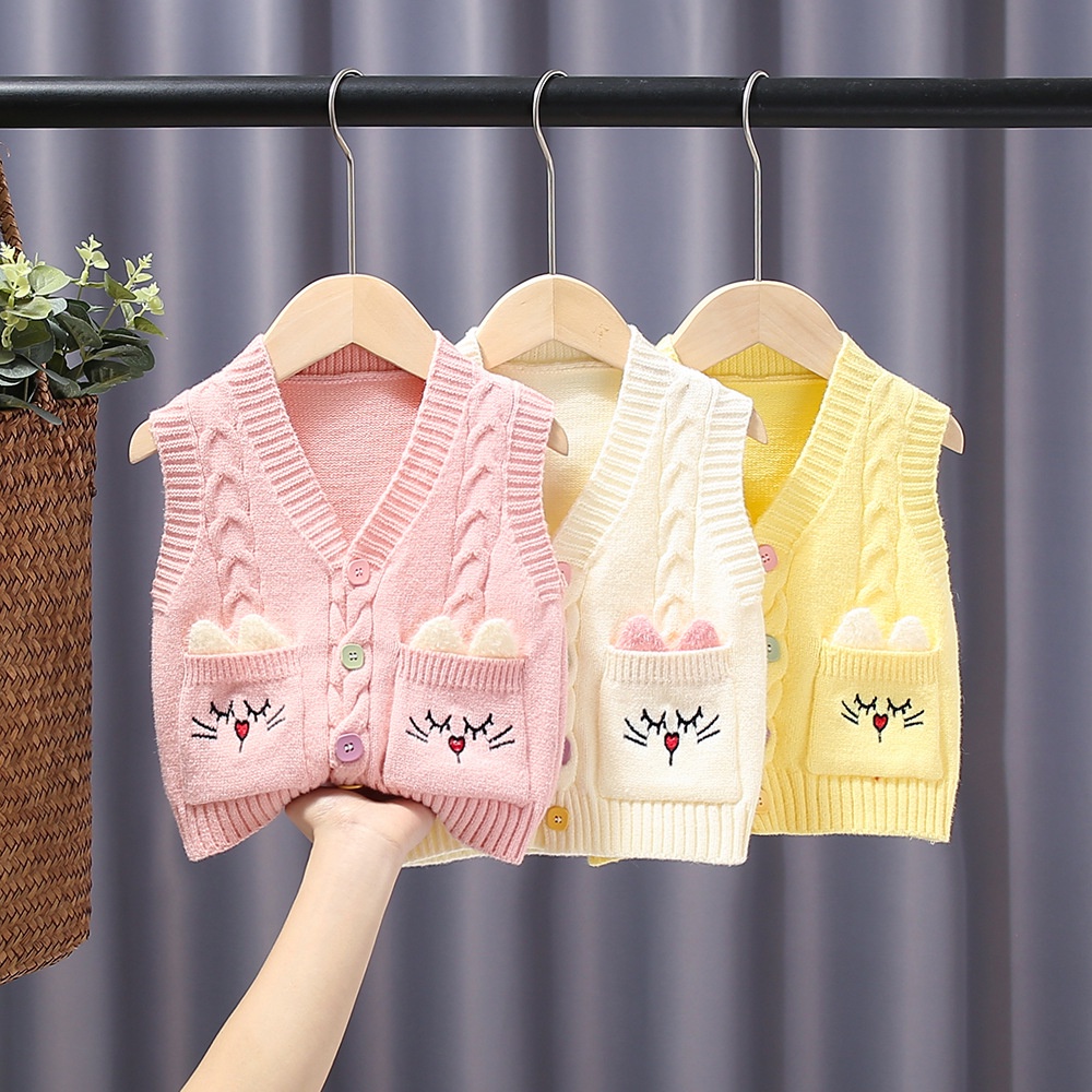 เสื้อโค้ทแขนกุด ผ้าถัก แต่งกระดุม แต่งกระเป๋ากระต่าย สีสันสดใส สําหรับเด็กผู้หญิง 0-4 ปี