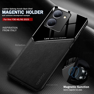 VIVO Y36 Leather Texture Mobile Casing For Vivo Y36 Y 36 5G 4G Fashion Car Bracket Magnetic holder Phone Case Shockproof Camera Lens Protect Back Cover