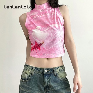 Lanlanlolo เสื้อยืด คอกลม แขนกุด พิมพ์ลาย ทรงสลิมฟิต สําหรับผู้หญิง 2023