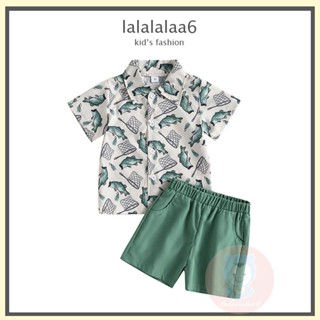 Laa6- เสื้อเชิ้ตแขนสั้น พิมพ์ลายปลา และกางเกงขาสั้น ลําลอง ผ้ายืด สําหรับเด็กผู้ชาย เหมาะกับฤดูร้อน