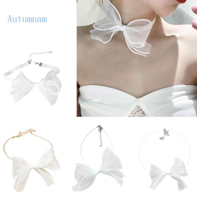 Autu สร้อยคอโชคเกอร์ ริบบิ้นโบว์ สีขาว เครื่องประดับ สําหรับผู้หญิง วัยรุ่น งานแต่งงาน ปาร์ตี้