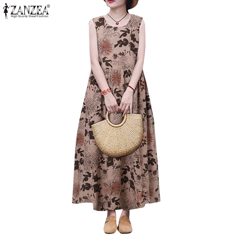 Zanzea ชุดเดรส คอกลม แขนกุด ผ้าฝ้าย ผ้าลินิน พิมพ์ลายดอกไม้ สไตล์เกาหลี สําหรับผู้หญิง