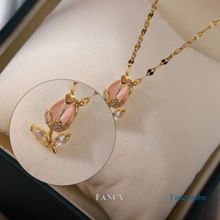 Fancy สร้อยคอ จี้ดอกทิวลิป โอปอล ประดับเพทาย เรียบง่าย เครื่องประดับแฟชั่นเกาหลี ของขวัญสําหรับผู้หญิง แฟนสาว