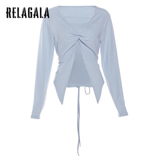 Relagala ใหม่ ชุดเสื้อยืดแขนยาว สีพื้น สองชิ้น แฟชั่นสําหรับสตรี 2023