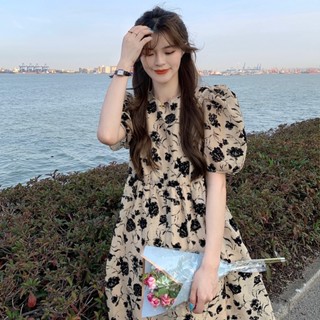 Lady Princess classic dress New French style เดรสทรงสลิมลายดอกไม้วินเทจสำหรับฤดูร้อนผู้หญิงเอวสูง
