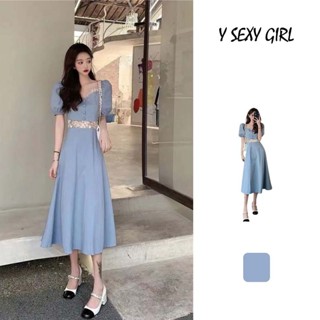 เดรสดีไซเนอร์เดรสแขนกุดคอเหลี่ยมดีไซน์ใหม่ Summer Summer Tea Feeling Soft Wind Bubble Sleeve Square Neck Blue Dress