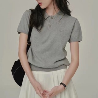 เสื้อโปโล แขนสั้น ผ้าถัก สไตล์วินเทจ เรียบง่าย สําหรับผู้หญิ…