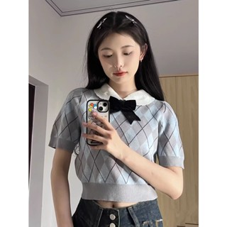 3672#娃娃领短袖正肩t恤女2023年新款设计感小众短款甜辣针织上衣