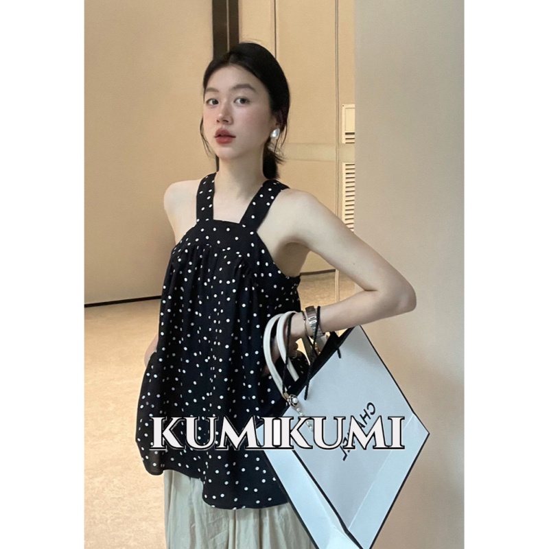 ใหม่ เสื้อเชิ้ตแขนกุด ลายจุด ทรงหลวม สไตล์ฝรั่งเศส