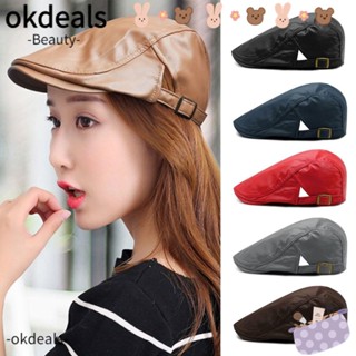 OKDEALS หมวกเบเร่ต์ หมวกปานามา หนัง PU สไตล์วินเทจ เรียบง่าย