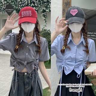 เสื้อเชิ้ตแขนสั้น เข้ารูป ลายสก๊อต แฟชั่นฤดูร้อน สไตล์เกาหลี สําหรับผู้หญิง