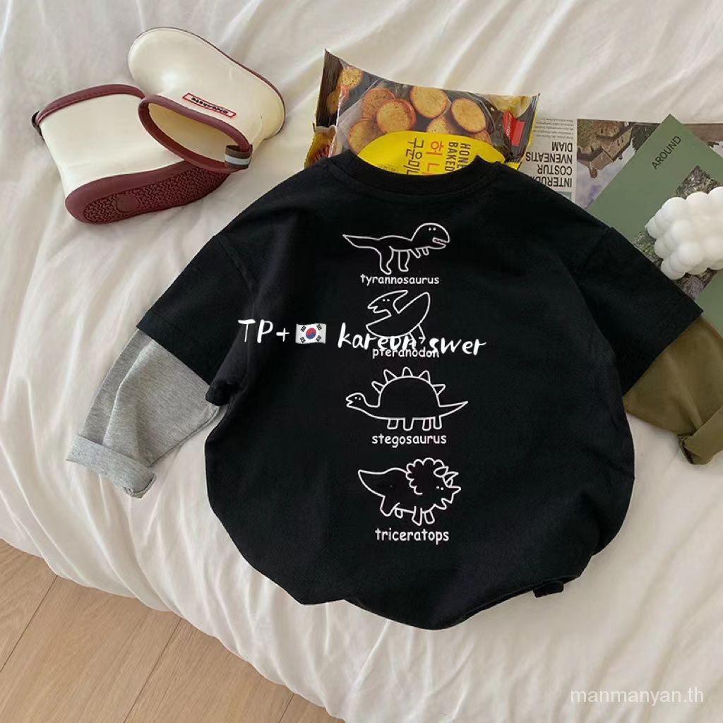 เสื้อยืดลําลอง ผ้าฝ้ายแท้ แขนสั้น ทรงหลวม ลายไดโนเสาร์ สีตัดกัน สไตล์เกาหลี แฟชั่นฤดูใบไม้ผลิ สําหรับเด็กผู้ชาย