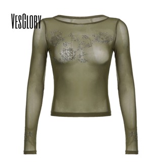 Vesglory เสื้อครอปท็อปลําลอง แขนยาว คอกลม ทรงสลิมฟิต พิมพ์ลาย สีตัดกัน แฟชั่นสําหรับสตรี 2023