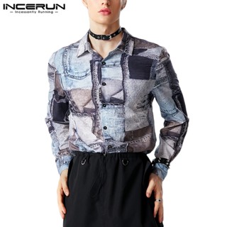 Incerun เสื้อเชิ้ตแขนยาว ผ้ายีน พิมพ์ลาย สไตล์วินเทจ ลําลอง แฟชั่นสําหรับผู้ชาย