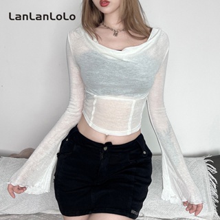 Lanlanlolo เสื้อฮู้ดดี้ ซีทรู แขนบาน เข้ารูป สีพื้น แฟชั่นสําหรับผู้หญิง 2023