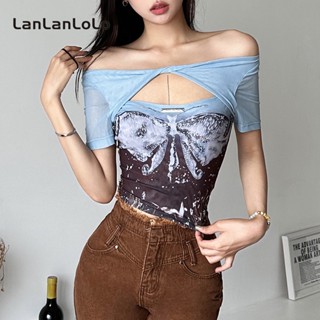 Lanlanlolo เสื้อยืด แขนสั้น เปิดไหล่ พิมพ์ลาย เซ็กซี่ สําหรับผู้หญิง 2023