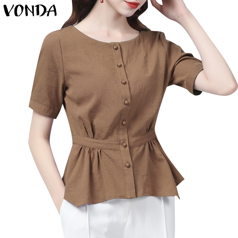 Vonda เสื้อเชิ้ต คอกลม สีพื้น สไตล์เกาหลี สําหรับผู้หญิง