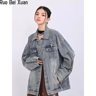 Ruo Bei Xuan เครื่องมือใหม่ของผู้หญิงชุดเบสบอลยุคกลางสไตล์อเมริกันแจ็คเก็ตโปโลยีนส์ขนาดใหญ่