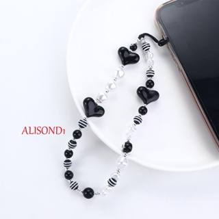 Alisond1 สายคล้องโทรศัพท์มือถือ ประดับลูกปัดไข่มุก ป้องกันการสูญหาย สีดํา และสีขาว