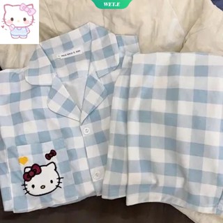 ชุดนอนเสื้อคาร์ดิแกนแขนสั้นลําลอง ลายสก๊อต Hello Kitty แบบเรียบง่าย แฟชั่นฤดูร้อน สําหรับสตรี 2023