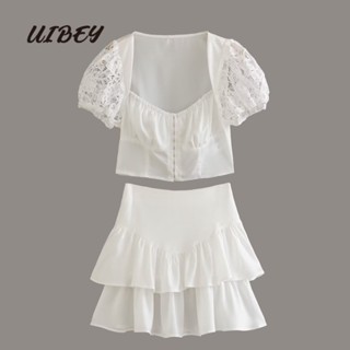 Uibey เสื้อท็อป คอสี่เหลี่ยม แต่งลูกไม้ + กระโปรงยาวครึ่งหนึ่ง แฟชั่น 4557