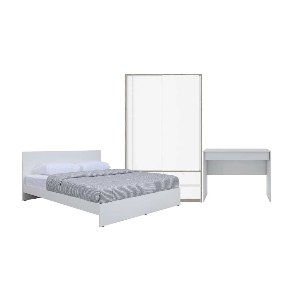 INDEX LIVING MALL ชุดห้องนอน รุ่นวิวิด พลัส+วีโก้ ขนาด 6 ฟุต (เตียง, ตู้เสื้อผ้าบานสไลด์, โต๊ะเครื่องแป้ง) - สีขาว