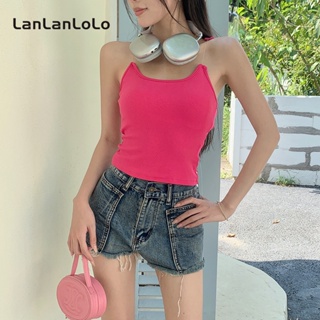 Lanlanlolo เสื้อท็อป เปิดไหล่ สายคล้องคอสั้น สีพื้น แฟชั่นสําหรับผู้หญิง 2023