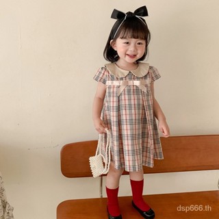 2023 Summer Style college style girls dress doll lapel short sleeve plaid skirt 1-6 years old bow girls dress XBVQ