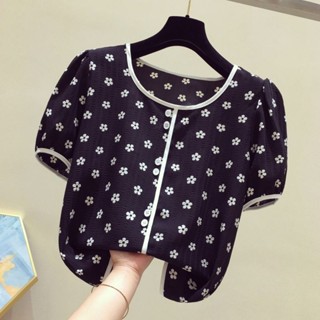 เสื้อเชิ้ตแขนสั้น ผ้าชีฟอง ลายดอกไม้ สีขาว และสีดํา สไตล์เกาหลี