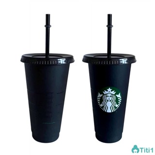 Starbucks Straw Cup Pure Black Cup Food Grade Bpa Free 1/5pcs Scale Cup 710ml/24oz TH1