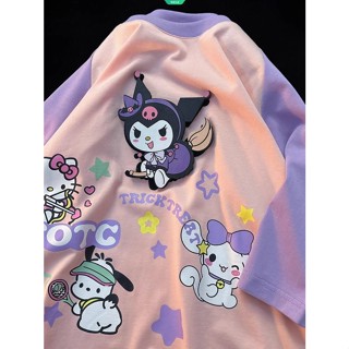 SANRIO เสื้อยืดแขนสั้นลําลอง พิมพ์ลายการ์ตูน Kuromi ทรงหลวม สไตล์ญี่ปุ่น แฟชั่นสําหรับผู้หญิง